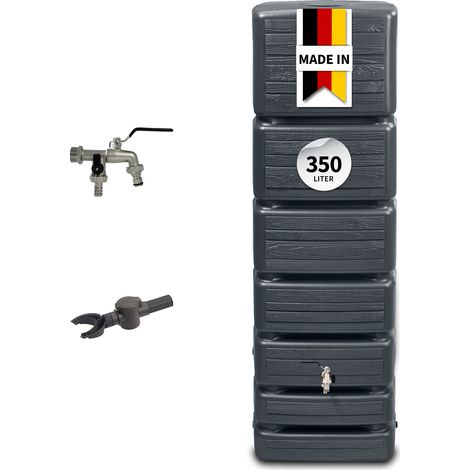 4rain SLIM WOOD DECOR Regentonne Wandtank Komplett-Set 350 Liter graphite grey inkl. Chrom-Doppelauslaufhahn und Fallrohranschluss (1/5)