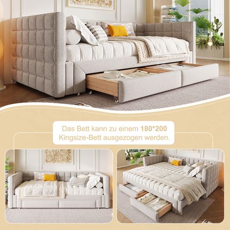 Canapé convertible 90x200 cm, canapé-lit beige à dossier carré, transformable en lit queen 180 cm, 2 tiroirs de rangement, sans matelas (1/4)