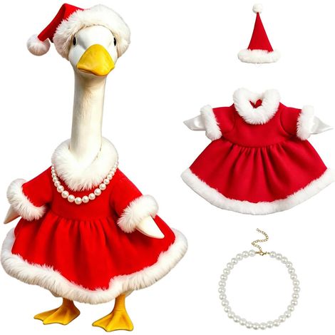 Traje navideño para estatuas de gansos de jardín, que incluye un sombrero y un collar de perlas. (1/5)