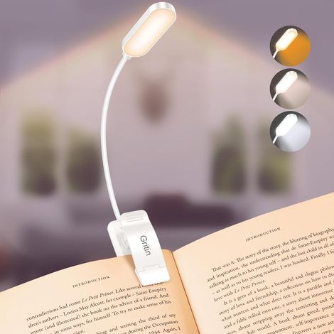 16 LED lumière de lecture, lumière de livre 3 modes de protection des yeux lampe de lecture - Dimming sans étapes, rechargeable, clip flexible sur lampe de livre, blanc