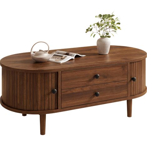 Table basse ovale à lattes verticales, portes coulissantes, 2 tiroirs, MDF (1/5)