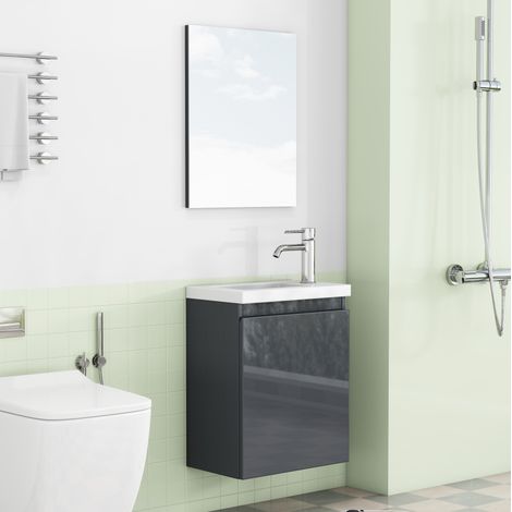 Mobile bagno pensile grigio lucido da 40 cm con lavabo in ceramica e specchio (1/5)