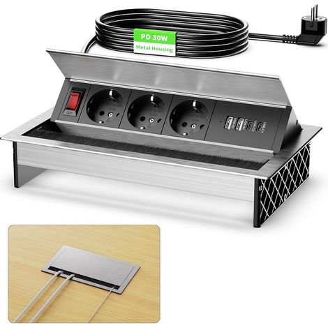 Aluminium Prise Encastrable avec 2 USB C PD 30 W avec Interrupteur, Multiprise Encastrable Plan de Travail 3 Prises pour Cuisines Bureaux Salle de Réunion, 1.8M Câble, 2400W/10A (1/5)