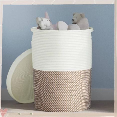 Panier de rangement avec couvercle - VINGVO - 358480 - 37x50 cm - Marron et blanc - Coton tressé pliable (1/5)