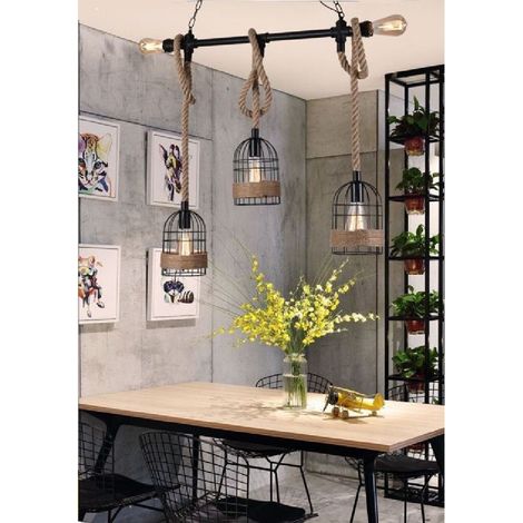 TrAdE Shop Traesio - Lampadario A Sospensione Stile Industriale In Metallo Corda Canapa Retrò B60-5 - (1/5)
