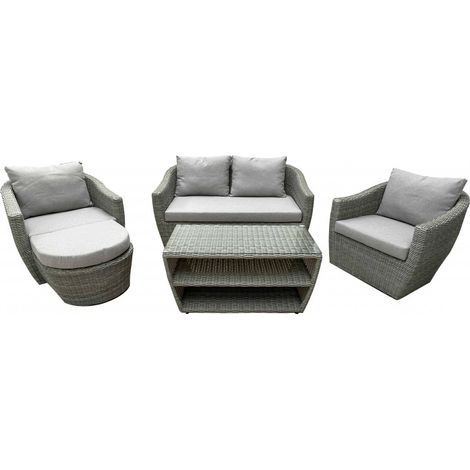 Set Da Giardino Zelda 5pz In Alluminio Rivestimento Similrattan Tondo Grigio Corredato Di Cuscini Ecrù (1/3)