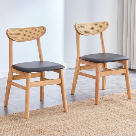 Juego de 2 sillas de comedor, respaldo de ratán, asiento acolchado, madera de caucho, color madera (1/5)