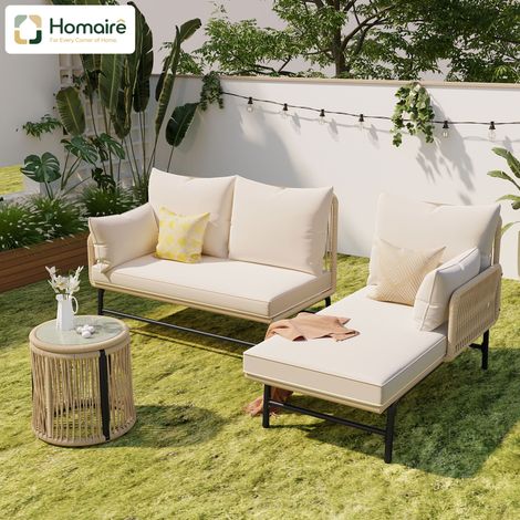HOMAIRE Gartenlounge-Set L-förmig mit Eisengestell, beigem Seilbezug und Tisch für Außenbereich (1/5)