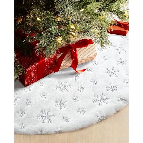 Tapis de sapin de Noël artificiel de 36 pouces, parfait pour les décorations de sapin de Noël, blanc avec motif de flocons de neige à paillettes argentées (argent). (1/5)