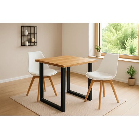 Essgruppe Baumkante massiv 80 x 80 cm Wildeiche U-Gestell schwarz & 2 Stühle weiß SEATTLE (1/5)