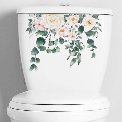 Autocollant WC motif tropical vert, fleurs et feuilles, décoration murale pour salle de bain ou maison, autocollant WC auto-adhésif 1 (1/4)