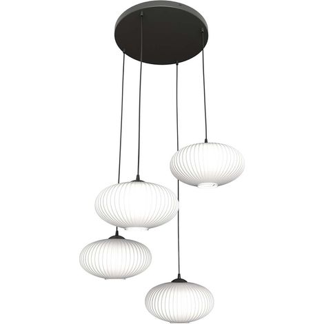 Lampadario 4 Luci Iris Base Tonda In Acciaio Nero Paralume Plissettato Bianco (1/5)