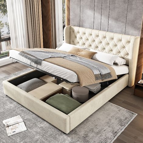 Polsterbett 140x200 mit Stauraum und Lattenrost, Doppelbett im Chesterfield-Stil, Samtbett mit Ohrenkopfteil und hydraulischem Bettkasten, Grau (1/5)