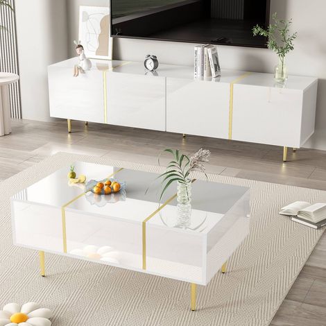 Ensemble meuble tv et table basse blanc brillant 180 cm design moderne et élégant (1/5)