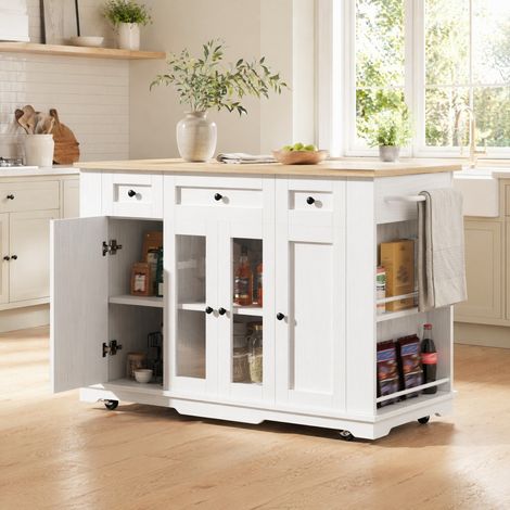 Isla de cocina extensible con tablero abatible, MDF y metal, blanco DESVIAE (1/5)