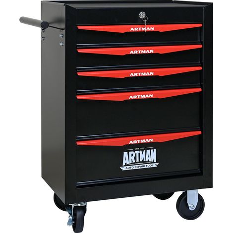 Servante d’atelier mobile en acier avec 5 tiroirs à glissières à billes, coffre verrouillable, 4 roulettes dont 2 avec freins, noir et rouge – CHICFURN (1/5)