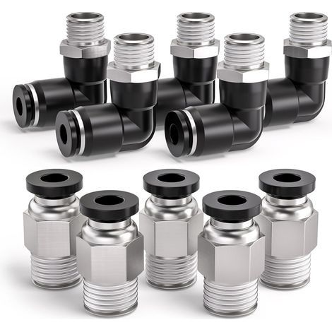 10 Pcs manchon de carte de 8mm à 1/4 "BSP mâle traversant et coude de 90 degrés raccord pneumatique, adaptateur de ligne d'air à libération rapide PL8-02 / PC8-02 (1/4)