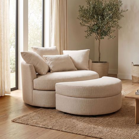 M&S – Fauteuil rond loveuse pivotante – Tissu texturé beige – Rotation 360° – Coffre de rangement intégré – 4 coussins déco inclus