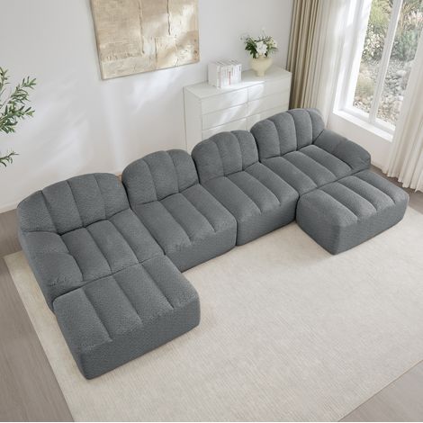 FloraGrace Sofa modulable 4 places, forme U, 32D, tissu fleece gris, avec ottomans, salon (1/5)