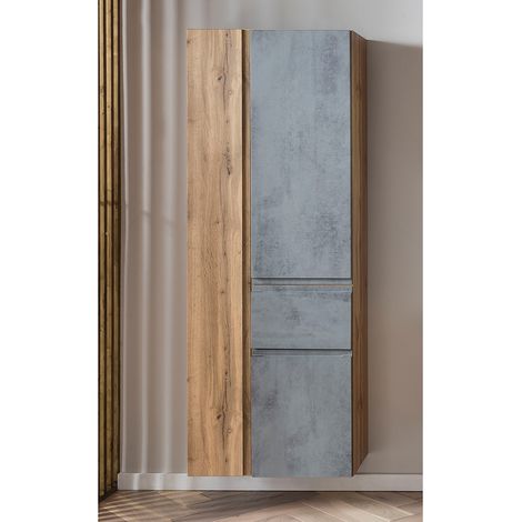 Badezimmer Hochschrank mit Schublade 65cm VASTO-03-CONCRETE in Wotan Eiche Nb. mit Beton Optik, B/H/T ca. 65/180/35 cm (1/5)
