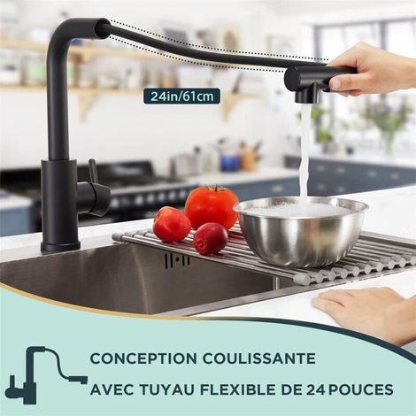 Robinet Cuisine Douchette avec 2 Modes de Pulvérisation, Mitigeur Cuisine avec Douchette Extractible Rotatif à 360° Froid & Chaud, Noir (1/3)