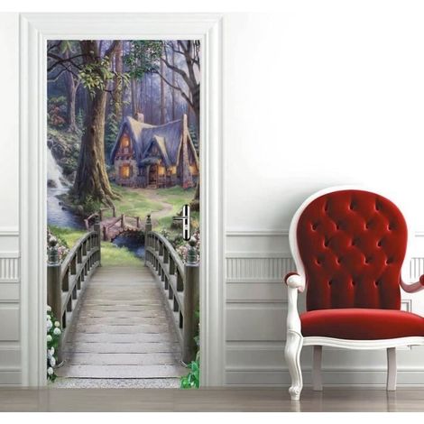 3D-Türsticker – Verzauberte Holzbrücke und Waldhaus, Vinyl 77x200 cm