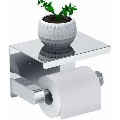 Porte Papier Toilette, Support Papier Rouleau sans Perçage Derouleur Papier WC,Distributeur Papier avec Tablette, Acier Inox SUS 304, Colle Auto-adhésive et Mural Pour Salle de Bain (Argent) (1/4)