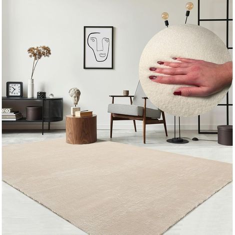 Tapis Moderne Moelleux à Poils Courts, antidérapant, Lavable Jusqu’à 30°C, Super Doux, Aspect Fourrure, pour Salon et Chambre, décoratif, Beige, 160 x 220 cm (1/5)