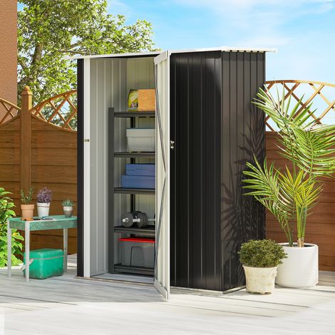 Abri de jardin métallique, 1,07 m², 142 x 86 x 189 cm, toit monopente et porte verrouillable. Résistant aux intempéries, pour une utilisation extérieure (cour/jardin), gris foncé.