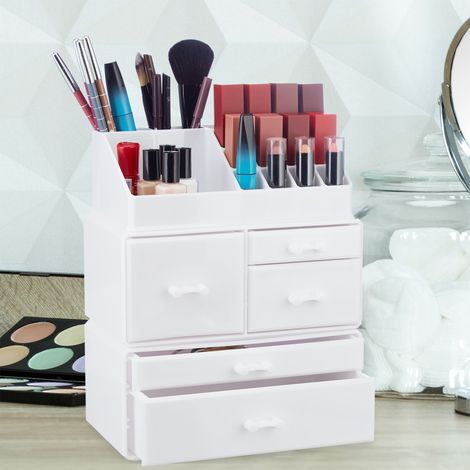 Relaxdays Make Up Organizer mit 21 Fächern, Kosmetik Tower für Lippenstift, Nagellack, Schminke, Acryl Make Up Box, weiß