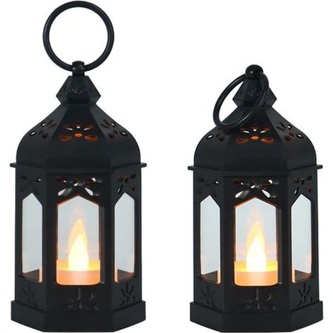 Set di 2 lanterne natalizie, lanterne da appendere con candele, lanterne vintage per interni, piccole lanterne vintage con candele LED scintillanti per la casa (1/5)