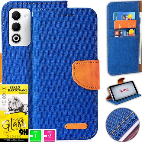 Custodia per Oppo A5 5G in tela con magnete e portafoglio + vetro temperato 9H (1/5)
