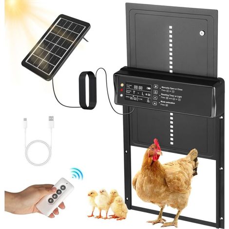 Automatic Chicken Coop Door, Solar Powered Aluminum Automatic Chicken Coop Door with Programmable LCD Screen, Remote Control, Anti-Pinch, Black