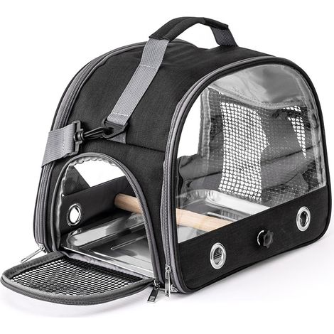Cage de transport portable pour petits oiseaux - avec perchoir et plateau en acier inoxydable noir