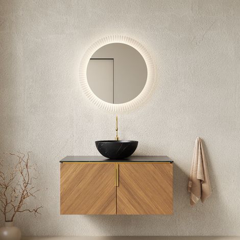 Rangement spacieux et durable : meuble sous-vasque suspendu 91 cm, chêne brun et pierre frittée, pour salle de bain (1/5)