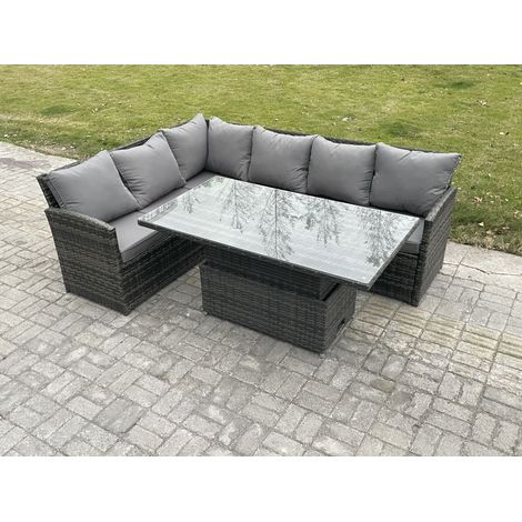 Fimous Wicker PE Outdoor Rattan Garden Furniture Set Height Adjustable Rising Lifting Table Sofa Dining Set with Dark Grey Mixed
