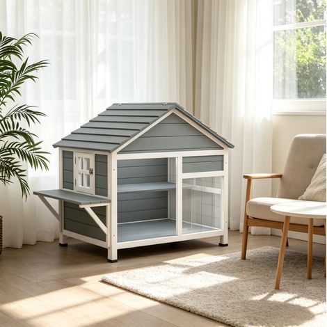 Caseta exterior para gatos de 2 niveles con plataforma y techo abatible, gris/blanco, OKMYHOME (1/5)