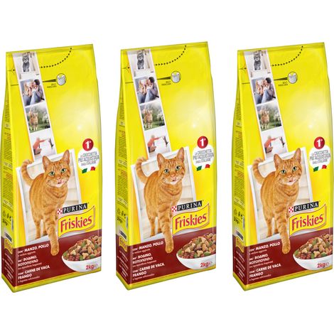 Multipack da 3 friskies purina croccantini per gatti adulti pollo manzo e verdure 2 kg cad