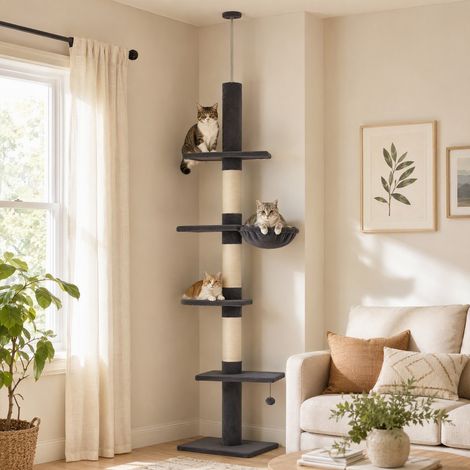 Arbre à chat, hauteur plafond, réglable de 225 à 255 cm, 5 niveaux, 3 poteaux à griffer en sisal, hamac, plateformes (1/5)