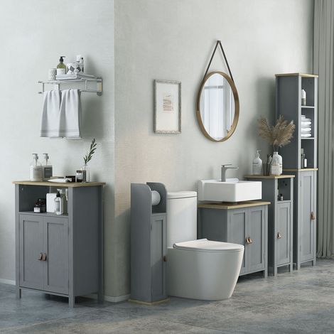 Meuble sous lavabo 2 portes, étagère réglable 2 étages à l'intérieur, poignées en PU, 60x30x60cm, gris
