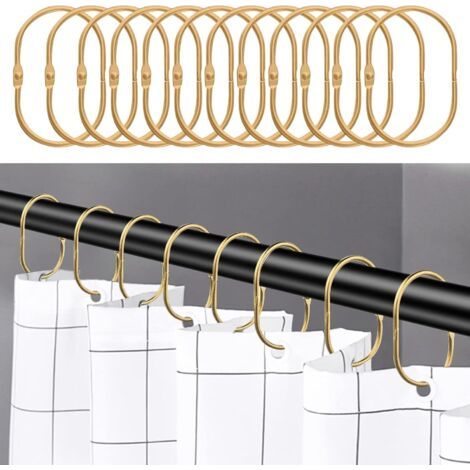 QORVA-Lot de 12 anneaux de rideau de douche dorés, crochets de salle de bain en acier inoxydable, anneaux de rideau de douche ovales décoratifs et crochets pour tringle de douche.