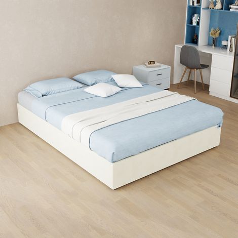 Bett modern 140x200 cm beige, Stoff und Metall, mit verspieltem Kopfteil und Stauraum mit Gasdruckfeder (1/5)