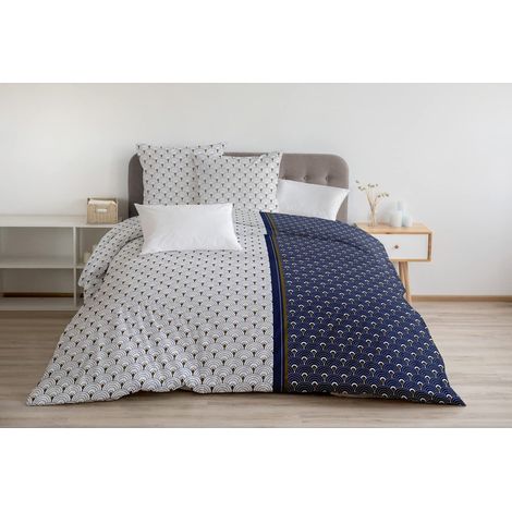 Housse de Couette - 3 Pièces 100% Coton - 57 Fils 2 Personnes - 240x260 cm Rainbow Bleu Marine (1/4)