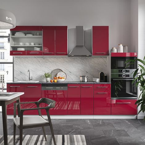 Mueble de cocina Fame-Line, Burdeos brillo intenso/blanco, 300 cm con armario alto, ET Mármol, Vicco