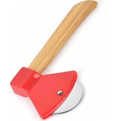 Couteau à pizza en acier 430, manche en bambou PP, forme ergonomique, hache ronde, pour la maison et les restaurants (rouge). (1/5)