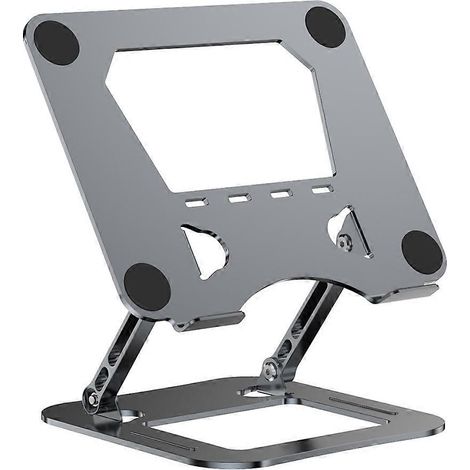 Zusammenklappbarer Laptopständer aus legiertem Stahl mit integrierter Kühlbasis. Ergonomisches, leichtes und praktisches Design. Graues Computerzubehör. (1/5)