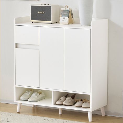 Mobile scarpiera con ripiani regolabili e vani aperti, gambe in legno massello, per ingresso, 90×35×99 cm (1/5)