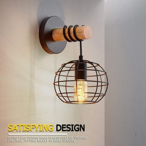 Applique da interno, lampada da parete vintage, nera, lampada rotonda in stile industriale retrò in ferro e legno, attacco E27, per vano scale, corridoio, bar, ristorante, hotel, camera da letto, sogg (1/4)