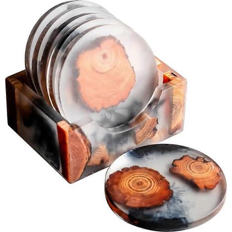 6 pièces bois sous verres avec support Resin Epoxy sous verre pour boissons Cool sous verre Art table Protection décor (1/5)