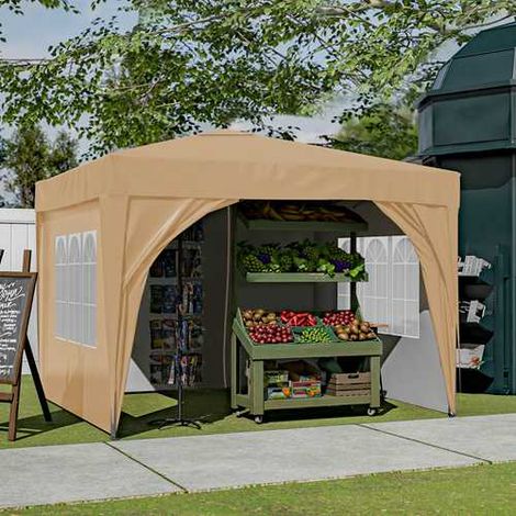 BIRCHTREE Pop Up Gazebo 3X3M with 4 Sides Garden Awning Canopy Party Tent Marquee Outdoor Beige